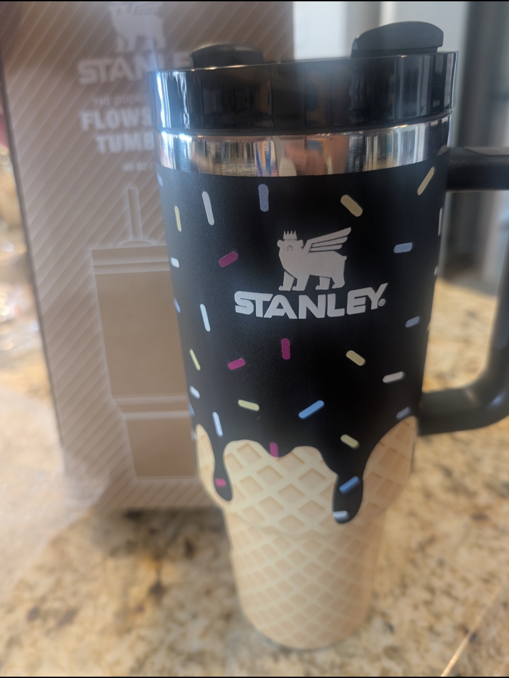 Stanley Black Travel Mug with Cream Ice Cream Cone Base and Multicolor Sprinkles